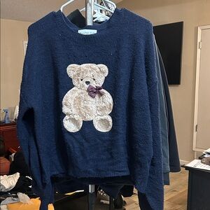 Threaded Leaf Navy Sweater with Teddy Bear Design